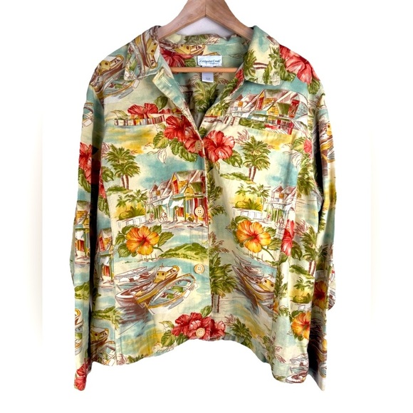 Coldwater Creek Denim Shirt Jacket Button Front Hawaiian Tropical Print L NOTES - Picture 1 of 10